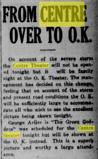 Centre Theater - Jan 25 1924 Article